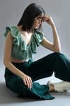 Shop_Kritika Madan Label_Green Turkey Crepe Plain V Neck Ruffle Crop Top And Pant Set  _Online_at_Aza_Fashions