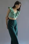 Kritika Madan Label_Green Turkey Crepe Plain V Neck Ruffle Crop Top And Pant Set  _at_Aza_Fashions