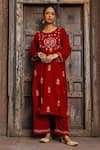 Buy_House of Chikankari_Maroon Velvet Hand Embroidery Chikankari Paisley Kurta And Pant Set  _at_Aza_Fashions