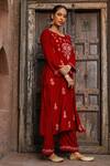 House of Chikankari_Maroon Velvet Hand Embroidery Chikankari Paisley Kurta And Pant Set  _at_Aza_Fashions