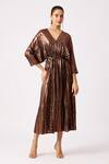 Buy_Scarlet Sage_Gold Polyester V-neck Bronze Pleated Kaftan Midi Dress_at_Aza_Fashions