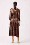 Shop_Scarlet Sage_Gold Polyester V-neck Bronze Pleated Kaftan Midi Dress_at_Aza_Fashions