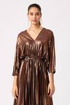Scarlet Sage_Gold Polyester V-neck Bronze Pleated Kaftan Midi Dress_Online_at_Aza_Fashions