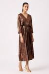 Shop_Scarlet Sage_Gold Polyester V-neck Bronze Pleated Kaftan Midi Dress_Online_at_Aza_Fashions