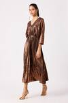 Buy_Scarlet Sage_Gold Polyester V-neck Bronze Pleated Kaftan Midi Dress