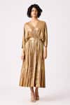 Buy_Scarlet Sage_Gold 100% Polyester Plain V Neck Adelline Midi Metallic Dress _at_Aza_Fashions