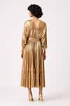 Shop_Scarlet Sage_Gold 100% Polyester Plain V Neck Adelline Midi Metallic Dress _at_Aza_Fashions
