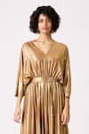 Scarlet Sage_Gold 100% Polyester Plain V Neck Adelline Midi Metallic Dress _Online_at_Aza_Fashions