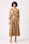 Buy_Scarlet Sage_Gold 100% Polyester Plain V Neck Adelline Midi Metallic Dress _Online_at_Aza_Fashions