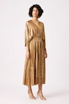 Shop_Scarlet Sage_Gold 100% Polyester Plain V Neck Adelline Midi Metallic Dress _Online_at_Aza_Fashions