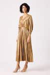 Scarlet Sage_Gold 100% Polyester Plain V Neck Adelline Midi Metallic Dress _at_Aza_Fashions