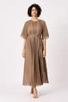 Buy_Scarlet Sage_Brown Polyester Round Neck Ariel A-line Pleated Dress_at_Aza_Fashions