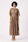 Scarlet Sage_Brown Polyester Round Neck Ariel A-line Pleated Dress_Online_at_Aza_Fashions