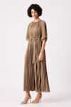 Buy_Scarlet Sage_Brown Polyester Round Neck Ariel A-line Pleated Dress_Online_at_Aza_Fashions
