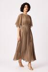 Shop_Scarlet Sage_Brown Polyester Round Neck Ariel A-line Pleated Dress_Online_at_Aza_Fashions