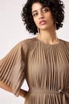 Scarlet Sage_Brown Polyester Round Neck Ariel A-line Pleated Dress_at_Aza_Fashions