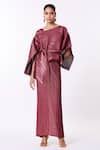 Buy_Scarlet Sage_Red 100% Polyester Plain Kallista Pleated Metallic Dress With Cape  _at_Aza_Fashions