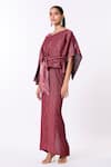 Shop_Scarlet Sage_Red 100% Polyester Plain Kallista Pleated Metallic Dress With Cape  _Online_at_Aza_Fashions