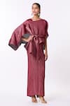 Scarlet Sage_Red 100% Polyester Plain Kallista Pleated Metallic Dress With Cape  _at_Aza_Fashions