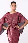 Buy_Scarlet Sage_Red 100% Polyester Plain Kallista Pleated Metallic Dress With Cape  