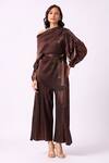 Buy_Scarlet Sage_Gold 100% Polyester Plain Asymmetric Skylar Metallic Top And Pant Set  _at_Aza_Fashions