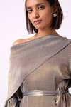 Scarlet Sage_Grey 100% Polyester Plain Asymmetric Skylar Metallic Top And Pant Set  _at_Aza_Fashions