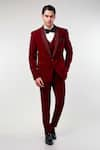 Buy_Kommal Sood_Wine Cupro Embroidered Cutdana Lapel Collar Tuxedo Pant Set  _at_Aza_Fashions