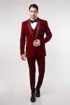 Kommal Sood_Wine Cupro Embroidered Cutdana Lapel Collar Tuxedo Pant Set  _Online_at_Aza_Fashions