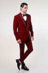 Kommal Sood_Wine Cupro Embroidered Cutdana Lapel Collar Tuxedo Pant Set  _at_Aza_Fashions