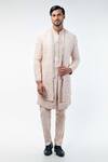 Buy_Kommal Sood_Pink Cotton Silk Hand Embroidery Floral Sherwani Trouser Set  _at_Aza_Fashions