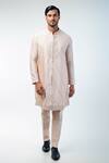 Buy_Kommal Sood_Pink Cotton Silk Hand Embroidery Floral Sherwani Trouser Set  _Online_at_Aza_Fashions