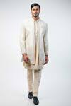 Buy_Kommal Sood_Beige Cotton Silk Embroidery Flower Bloom Work Sherwani Trouser Set  _at_Aza_Fashions