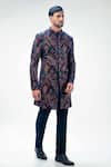 Shop_Kommal Sood_Blue Velvet Embroidery Floral Flower Thread Sherwani With Trouser  _Online_at_Aza_Fashions