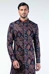 Kommal Sood_Blue Velvet Embroidery Floral Flower Thread Sherwani With Trouser  _at_Aza_Fashions