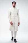 Buy_Kommal Sood_Off White Dupion Silk Embroidery Flower Floral Sherwani Churidar Set  _at_Aza_Fashions
