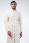Kommal Sood_Off White Dupion Silk Embroidery Flower Floral Sherwani Churidar Set  _Online_at_Aza_Fashions