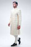 Buy_Kommal Sood_Off White Dupion Silk Embroidery Flower Floral Sherwani Churidar Set  _Online_at_Aza_Fashions