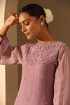 Dusala_Purple Organza Crystals, Pearls Round Rootu Foliage Embroidered Kurta With Pant_Online_at_Aza_Fashions