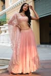 Buy_Kasturi Tikmani_Peach Organza Embroidery Thread Square Neck Floral Bridal Lehenga Set  _at_Aza_Fashions