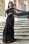 Buy_ASRUMO_Black Silk Organza Embroidery Thread Border Saree With Unstitched Blouse Piece _at_Aza_Fashions