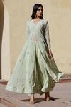 Buy_ASRUMO_Green Georgette Hand Embroidered Aari And Gota Work V Neck Anarkali & Pant Set _Online_at_Aza_Fashions