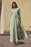 Shop_ASRUMO_Green Georgette Hand Embroidered Aari And Gota Work V Neck Anarkali & Pant Set _Online_at_Aza_Fashions