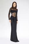 Shop_Deme By Gabriella_Black Net, Lycra High Neck Draped Sheer Panel Dress _Online_at_Aza_Fashions