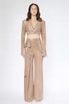 Buy_Deme by Gabriella_Beige Sequins Embroidered Jacket Lapel Crop Blazer Draped Pant Set _at_Aza_Fashions