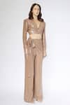 Deme by Gabriella_Beige Sequins Embroidered Jacket Lapel Crop Blazer Draped Pant Set _Online_at_Aza_Fashions