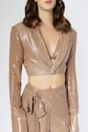 Buy_Deme by Gabriella_Beige Sequins Embroidered Jacket Lapel Crop Blazer Draped Pant Set _Online_at_Aza_Fashions