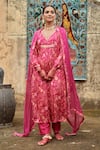 KARAJ JAIPUR_Pink Kurta Chinnon Embroidered Sequin V Neck And Gota Pant Set _Online_at_Aza_Fashions