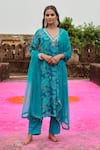 Buy_KARAJ JAIPUR_Blue Kurta Chinnon Embroidered Mirror Round Paisley Print Pant Set _at_Aza_Fashions