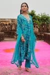 KARAJ JAIPUR_Blue Kurta Chinnon Embroidered Mirror Round Paisley Print Pant Set _Online_at_Aza_Fashions