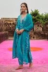 Buy_KARAJ JAIPUR_Blue Kurta Chinnon Embroidered Mirror Round Paisley Print Pant Set _Online_at_Aza_Fashions